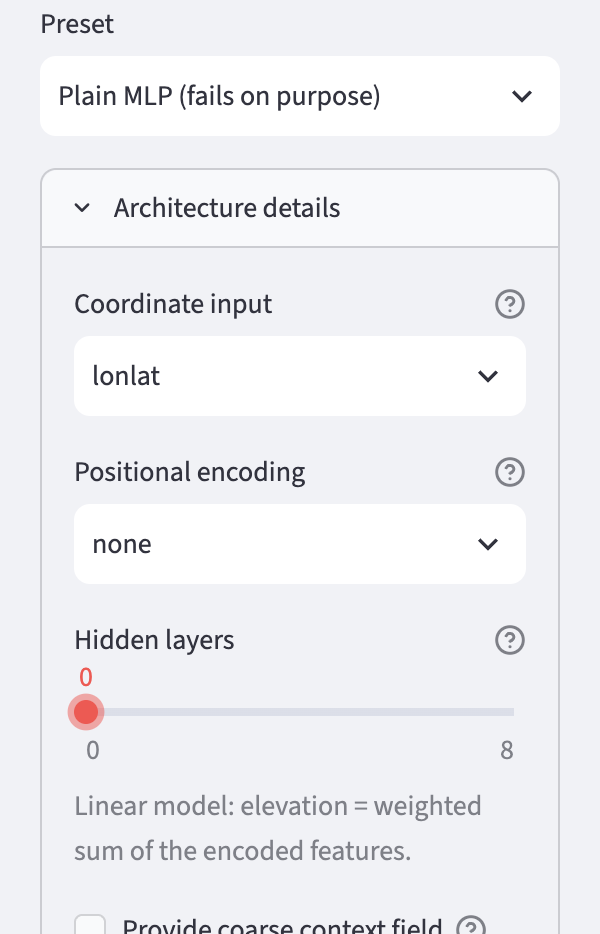 Sidebar with Architecture details expanded: preset Plain MLP, Coordinate input lonlat, Positional encoding none, Hidden layers 0 and the note Linear model.