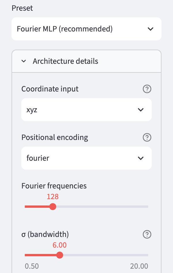 Sidebar with Architecture details expanded: Coordinate input xyz, Positional encoding fourier, Fourier frequencies 128, σ (bandwidth) 6.00.