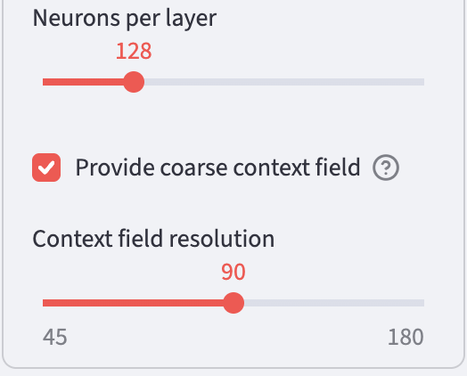 Part of the sidebar: Neurons per layer 128, Provide coarse context field switched on, Context field resolution 90 on a scale from 45 to 180.