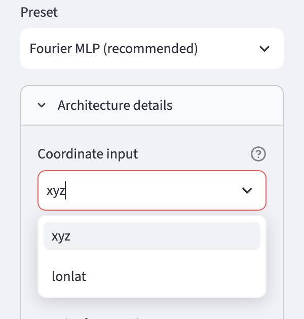 Sidebar with Architecture details expanded: the Coordinate input selection is open and shows the two options xyz and lonlat.