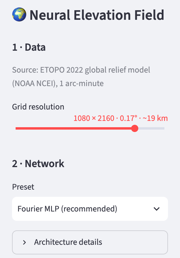 Sidebar of the app: under 1 · Data the source ETOPO 2022 and the Grid resolution slider at 1080 × 2160, under 2 · Network the preset Fourier MLP (recommended).