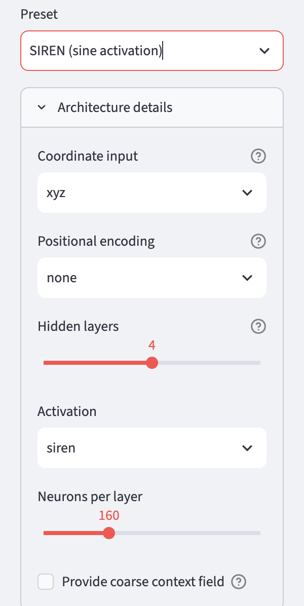 Sidebar with Architecture details expanded: preset SIREN (sine activation), Coordinate input xyz, Positional encoding none, Hidden layers 4, Activation siren, Neurons per layer 160.