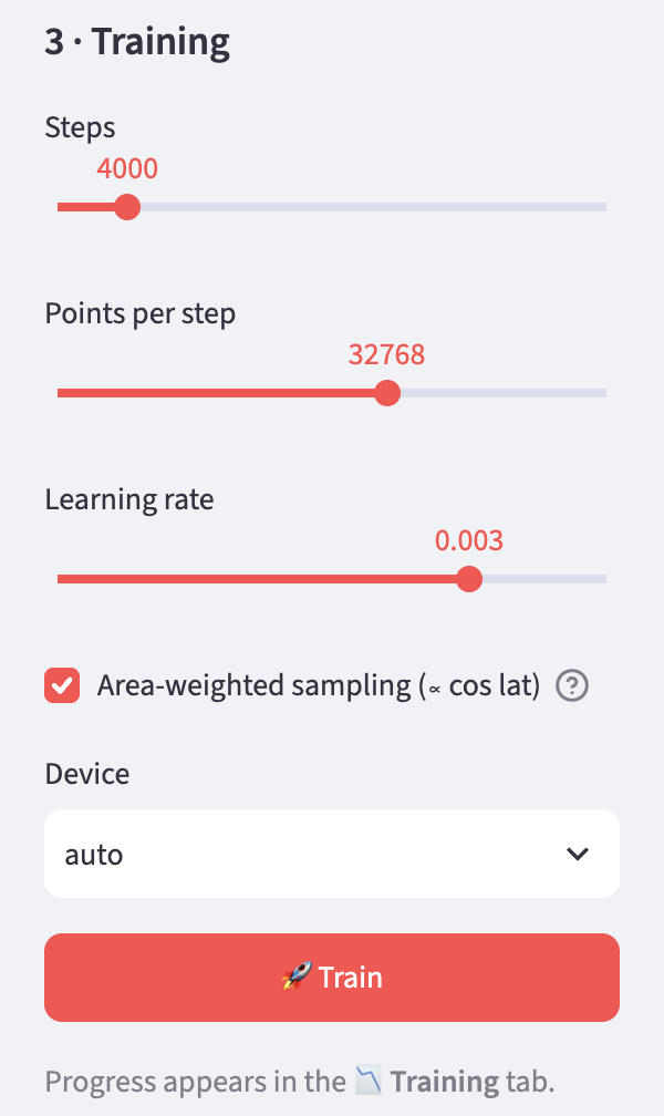 Sidebar, section 3 · Training: Steps 4000, Points per step 32768, Learning rate 0.003, tick at Area-weighted sampling, Device auto, below it the Train button.